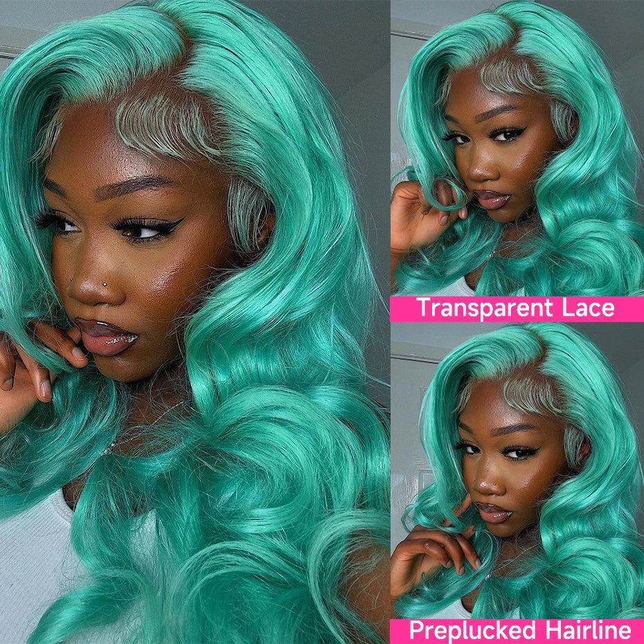Body Wave 13x6 Teal Blue Color Human Hair Wig Preplucked Light Pink Purple Lace Frontal Wigs For Women Mint Green Lace Front Wig