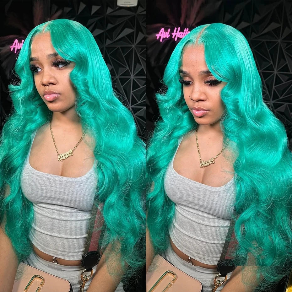 Body Wave 13x6 Teal Blue Color Human Hair Wig Preplucked Light Pink Purple Lace Frontal Wigs For Women Mint Green Lace Front Wig