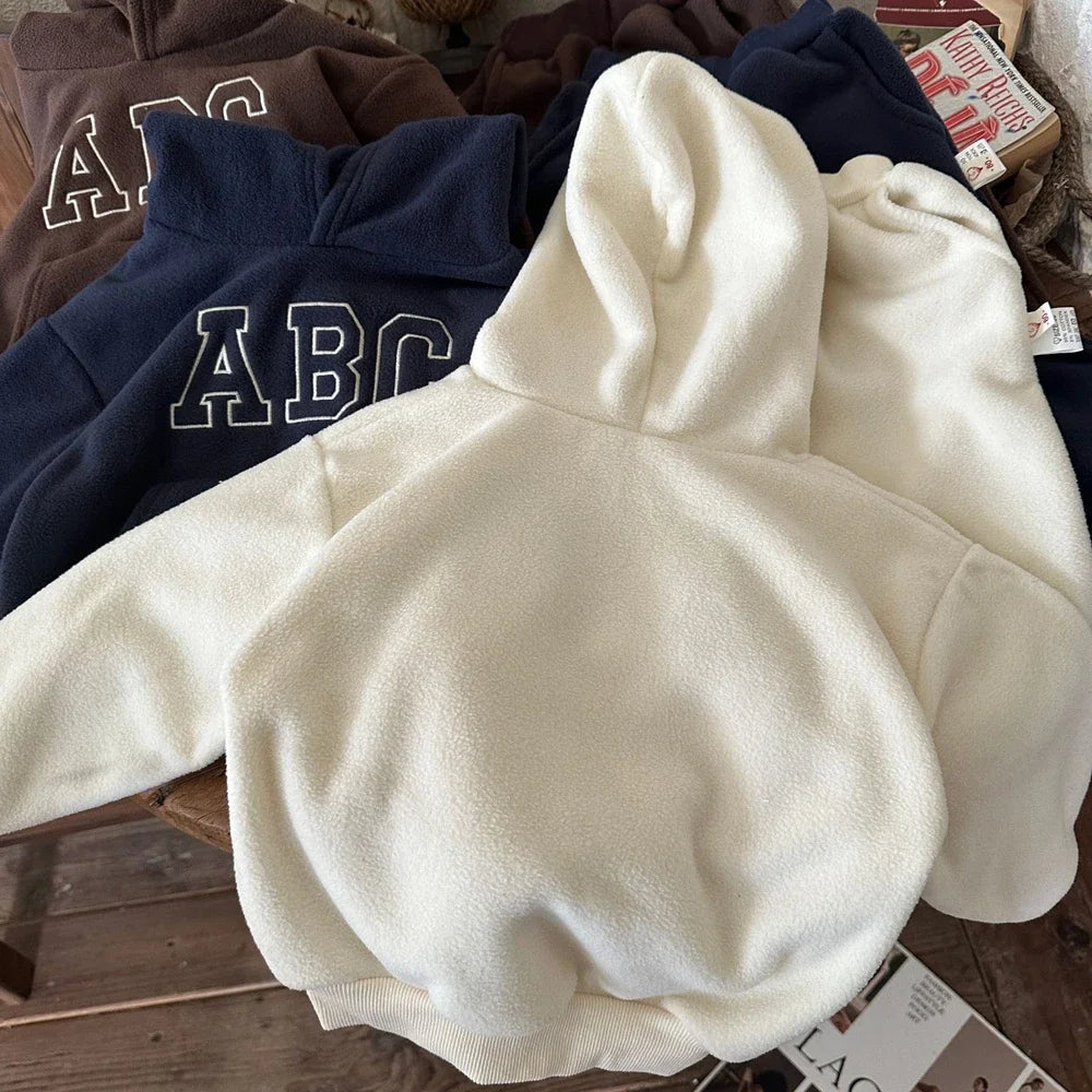 Children's Fleece Suits Insulated Baby Boy Winter Clothes Sets Letters Pullover Hoodie Sweater Top Pants Outfit Girl Tracksuit