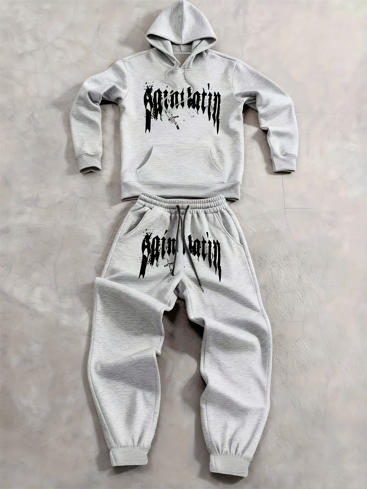 men' outfit 2Pcs Fleece Hoodie Suit Art Graphic Letter Print Drawstring Pocket Hooded Sweatshirt Outdoor Sports Sweatpants sets
