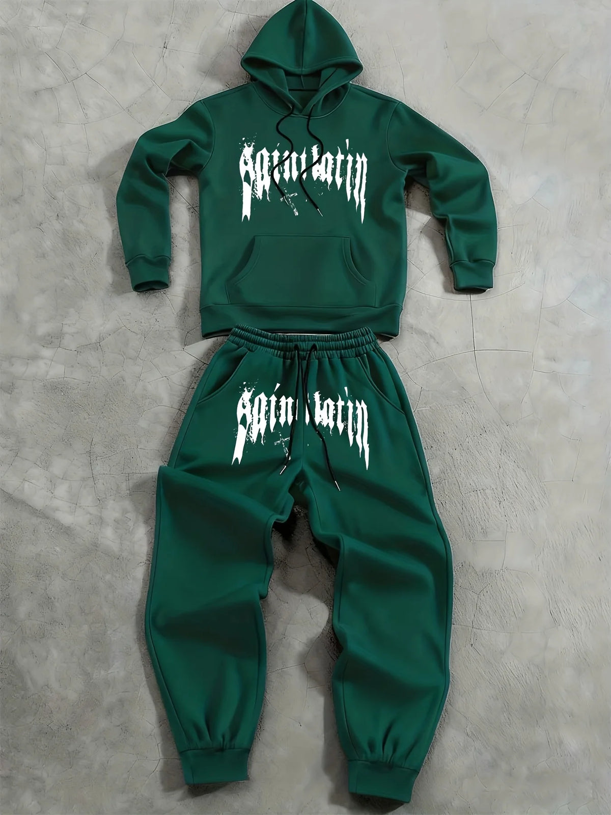 men' outfit 2Pcs Fleece Hoodie Suit Art Graphic Letter Print Drawstring Pocket Hooded Sweatshirt Outdoor Sports Sweatpants sets