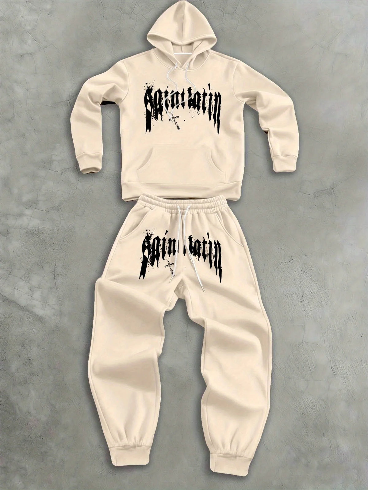 men' outfit 2Pcs Fleece Hoodie Suit Art Graphic Letter Print Drawstring Pocket Hooded Sweatshirt Outdoor Sports Sweatpants sets