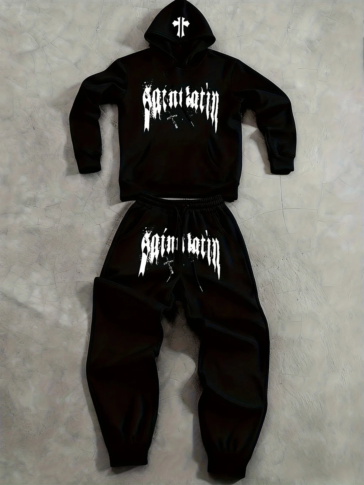 men' outfit 2Pcs Fleece Hoodie Suit Art Graphic Letter Print Drawstring Pocket Hooded Sweatshirt Outdoor Sports Sweatpants sets