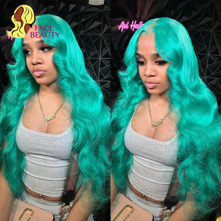 Body Wave 13x6 Teal Blue Color Human Hair Wig Preplucked Light Pink Purple Lace Frontal Wigs For Women Mint Green Lace Front Wig