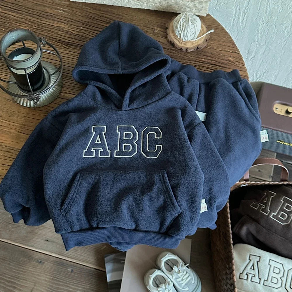 Children's Fleece Suits Insulated Baby Boy Winter Clothes Sets Letters Pullover Hoodie Sweater Top Pants Outfit Girl Tracksuit