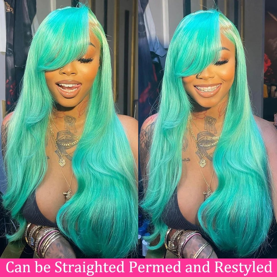 Body Wave 13x6 Teal Blue Color Human Hair Wig Preplucked Light Pink Purple Lace Frontal Wigs For Women Mint Green Lace Front Wig