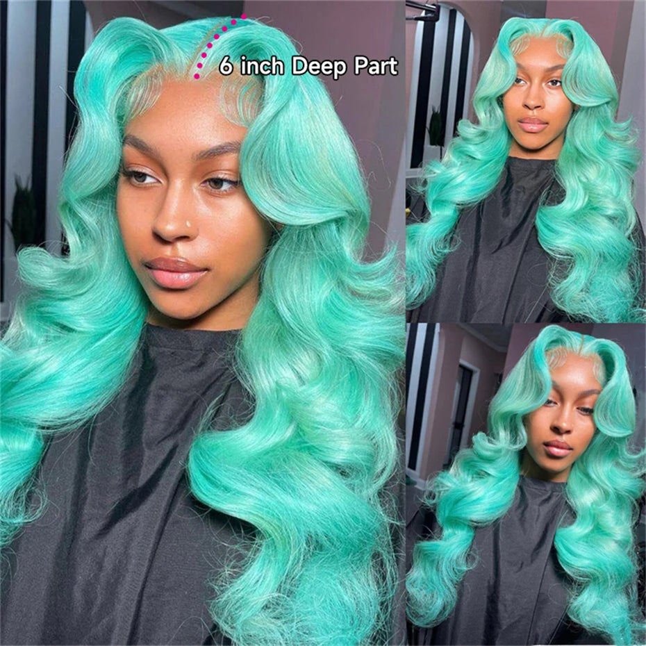 Body Wave 13x6 Teal Blue Color Human Hair Wig Preplucked Light Pink Purple Lace Frontal Wigs For Women Mint Green Lace Front Wig